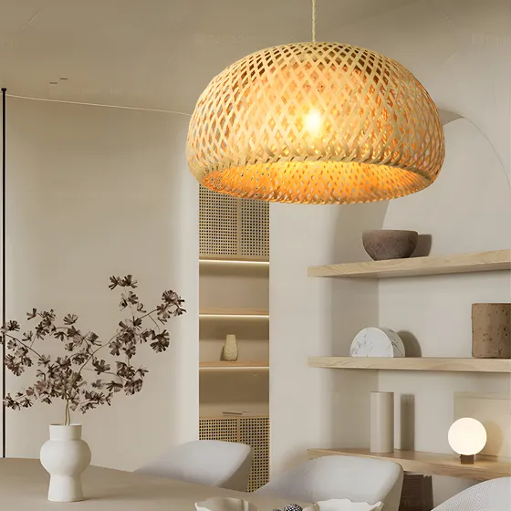 Luminária  Teto Lustre Pendente Palha Madeira Vime Sala 35cm
