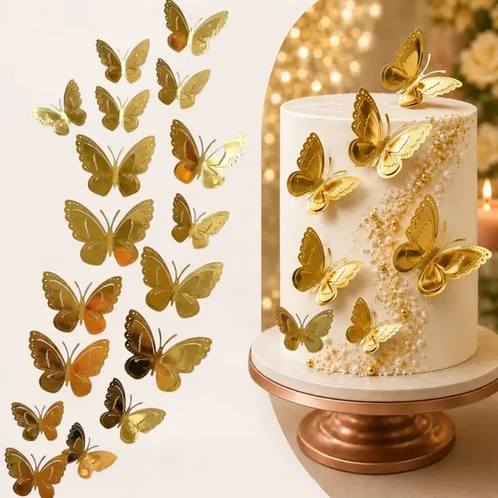 24 Borboleta Decorativa 3D Metalizada Dourado Para Enfeite de Parede e Confeitaria