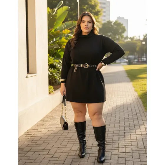 Vestido Gola Alta Manga Longa Plus Size Lanzinha  Premium