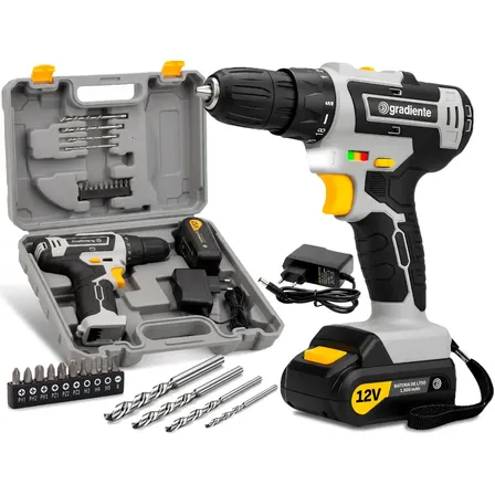 Parafusadeira Furadeira Sem Fio A Bateria 12V 3/8 Pol. 10mm Gradiente Profissional Com Maleta Brocas e Bits