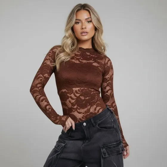 Body De Renda Floral Manga Longa Feminino Transparente Festa