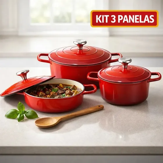 Jogo 3 Panelas Cerâmica Antiaderente Aluminio Indução Tampa Vermelho