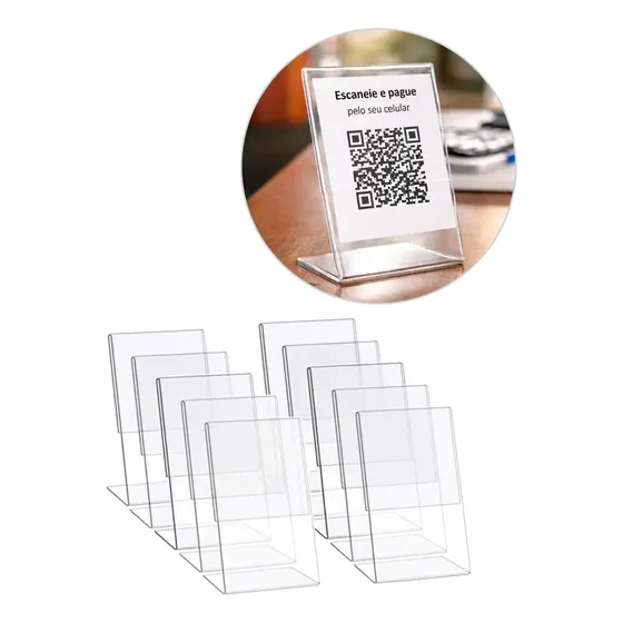 Kit 10 Display Expositor Suporte De Mesa Em L Porta Papel Folha Cardápio Foto Folheto Qrcode A6 10x15cm Acrílico Transparente