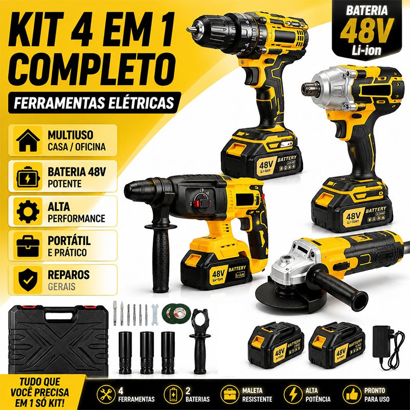 Kit 4 em 1 Sem Fio Furadeira Chave de Impacto Esmerilhadeira Parafusadeira Maleta Profissional