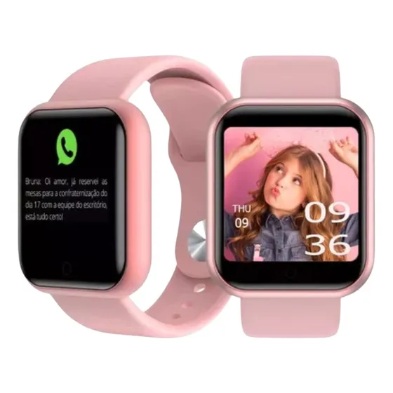 Smartwatch D20: Relógio Inteligente com Monitor de Atividades e Notificações, Pulseira Rosa