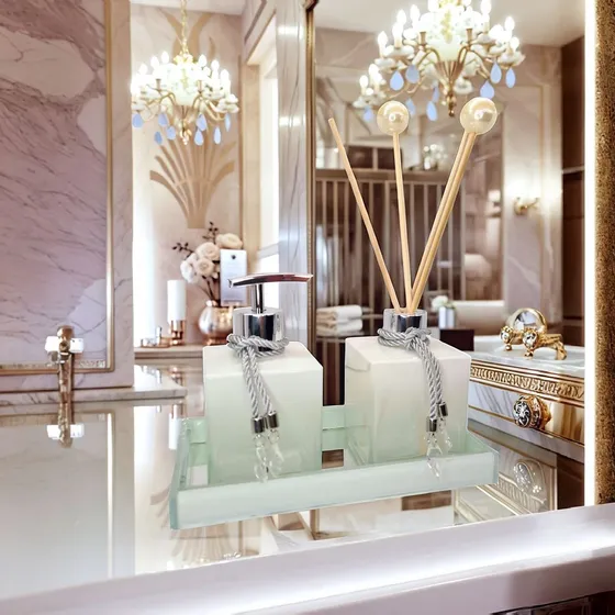 Kit Lavabo Vidro Âmbar C/ Detalhes Em Dourado Premium 3pçs