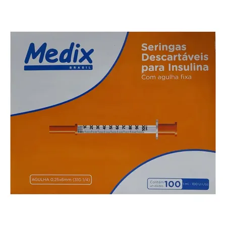 Seringa Descartável Para Insulina 6 X 0.25 31 G¼ 1ml Caixa Com 100 Unidades Medix