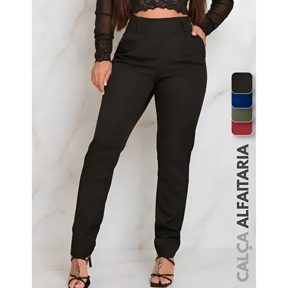 Calças Feminina Social Alfaiataria Zíper Lycra Skinny Casual