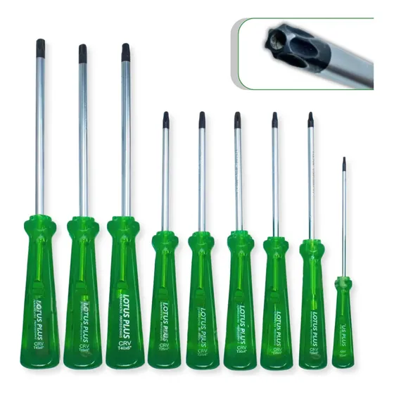 Kit Jogo 9 Chaves Torx Imantada Cromo Vanádio Com Furo Guia Verde