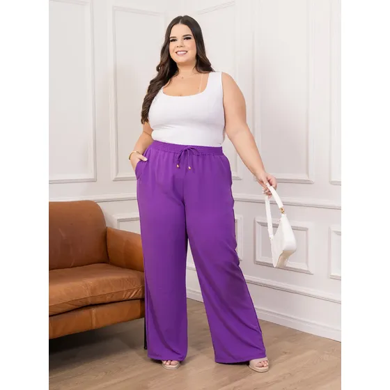 Calça Pantalona Feminina Plus Size Dunas Cintura Alta Bolsos