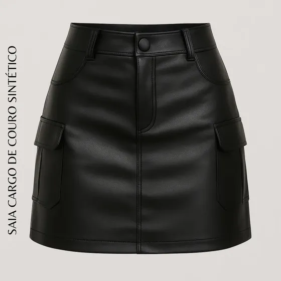 Saia Cargo De Couro Courino Moda Balada Cintura Alta