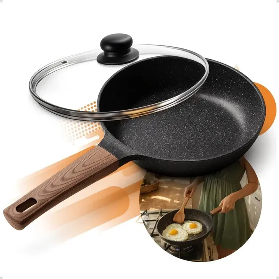Frigideira Cerâmica Com Tampa Antiaderente Grande 24cm Para Fogão A Gás Indução Cooktop Panela Frita Sem Óleo Não Gruda Profissional Moderna Mix
