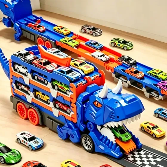 Caminhão Dinossauro Pista Com 6 Carrinhos Maleta Transporte