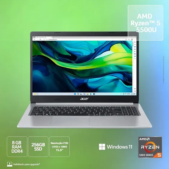 Notebook Acer Aspire 5 A515-45-R5AT AMD Ryzen 5 5500U 15.6"AMD Radeon Graphics 256GB SDD 8GB RAM Windows 11