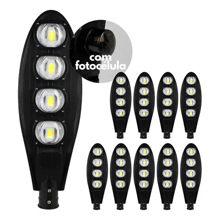 Kit 10 Luminária Led Cob 200w Iluminação Publica Fotocélula 127/220v Preto Branco-frio