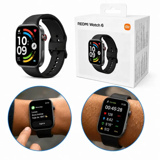 Smartwatch Xiaomi Redmi Watch 6 Gps Tela Amoled Monitor Cardíaco Oxigênio Sono Notificações Esportivas Relógio Inteligente À Prova Dágua Pulseira Fitness Bluetooth Saúde Conectividade Android Ios