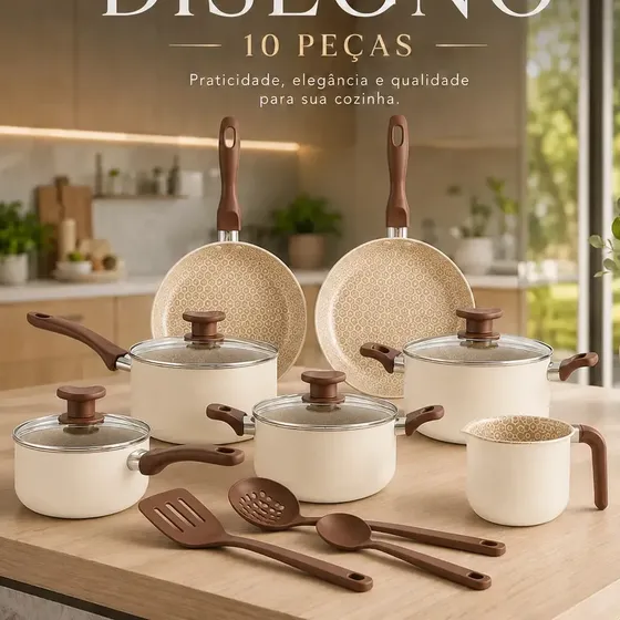 Jogo De Panelas 10 Peças Antiaderente Teflon ivory – Linha Familiar Para Cozinha Completa, Ideal Para Fritura, Arroz, Vapor – Alumínio Com Tampa De Vidro – Fogão Gás Elétrico