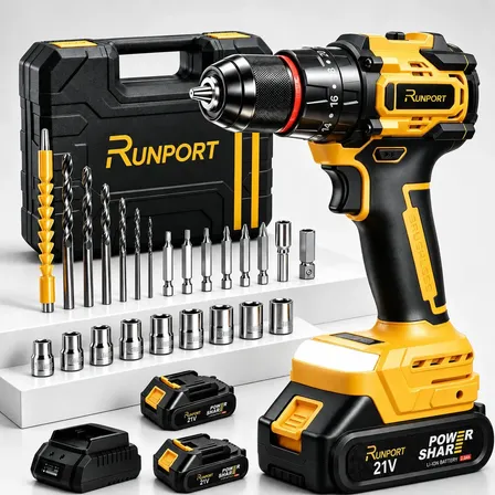 Furadeira Parafusadeira Impacto Runport Brushless 21V Sem Fio 45Nm 2 Baterias 2.0Ah Carregador Rápido Kit Brocas Bits Soquetes Acessórios