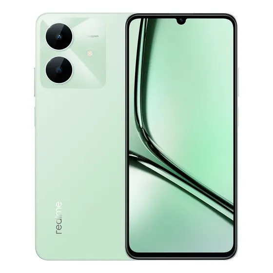 Realme Note 60x, Dual SIM, verde, 64 GB de armazenamento, 3 GB de RAM, 4G LTE, Android 14, tela de 6,74", bateria de 5000 mAh, jogos e celular robusto.