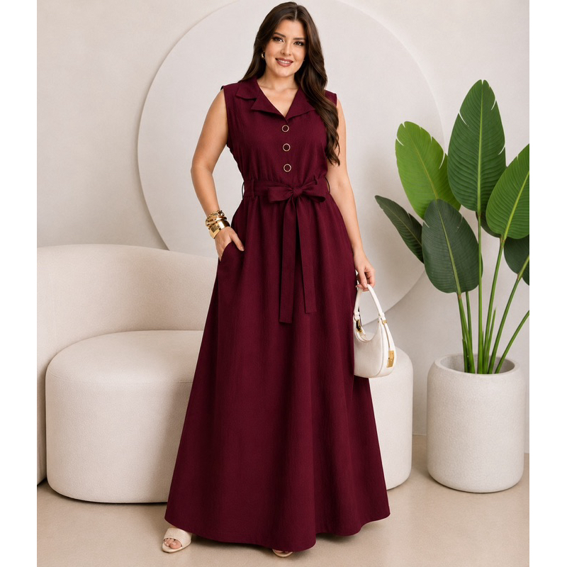 Vestido Longo Feminino  Acinturado com Faixa e Botões Moda Evangélica Elegante