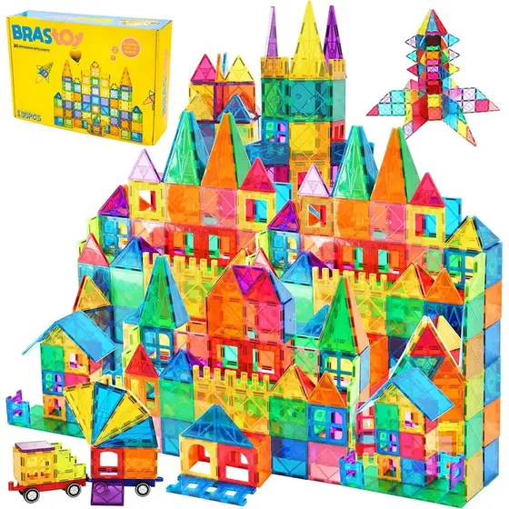 Blocos De Montar Magnéticos Infantil 130 Peças - Brastoy | Brinquedo Educativo Construção 3D Com Ímãs STEM Para Crianças Menino Menina Presente Aniversário
