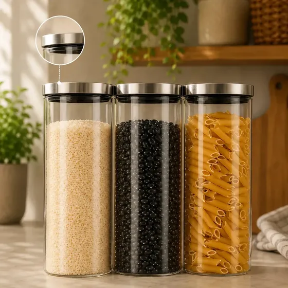 Kit 3 Porta Mantimentos 1,5l Potes Herméticos De Vidro Tampa Inox Alimentos Kit Cozinha Organização Casa Arroz Macarrão Vivara