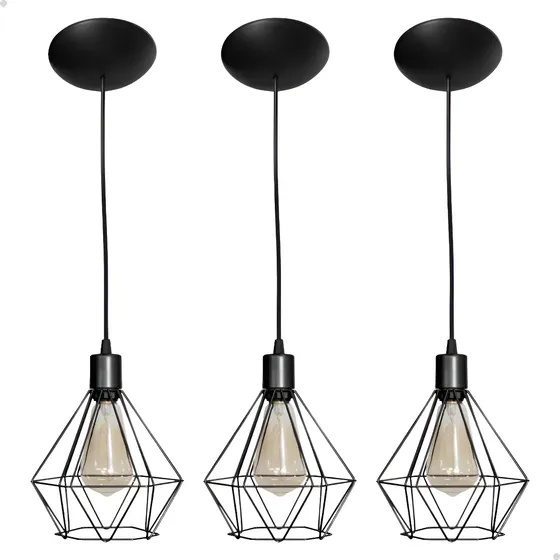 Kit 3 Luminária Pendente Aramado Diamante Preto Cabo Preto