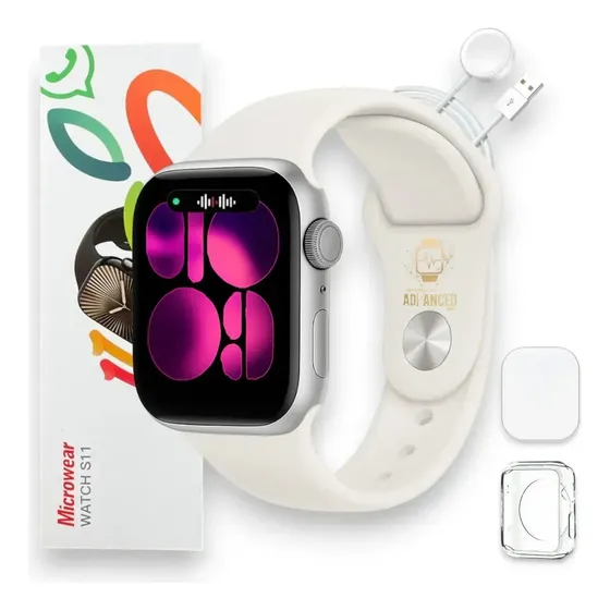 Relógio Smartwatch S11 Series 11 2026 - Chatgpt - Whatsapp Caixa Prata Pulseira Branco Bisel Prata