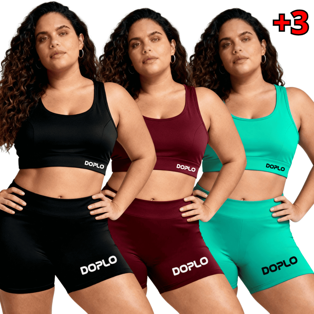 3 Conjunto Fitness Plus Size Top e Short Kit Academia Cintura Alta Original