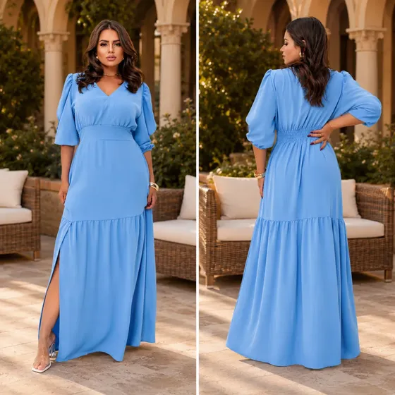 Vestido Longo Babado Fenda Manga 3/4 Evangélico Elegante