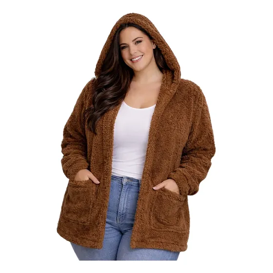 Casaco Teddy Longo Plus Size De Inverno Peluciado Com Capuz