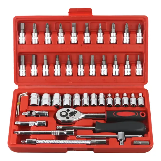 Kit Jogo Soquete 46 Pcs Aco Crv 1/4 Catraca Chave Com Maleta