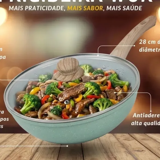 Frigideira Antiaderente Wok Em Cerâmica Grande Com Tampa Em Vidro Para Fogão De Indução E Gás 28cm 3,6l Cook Cerâmica Verde Pítia