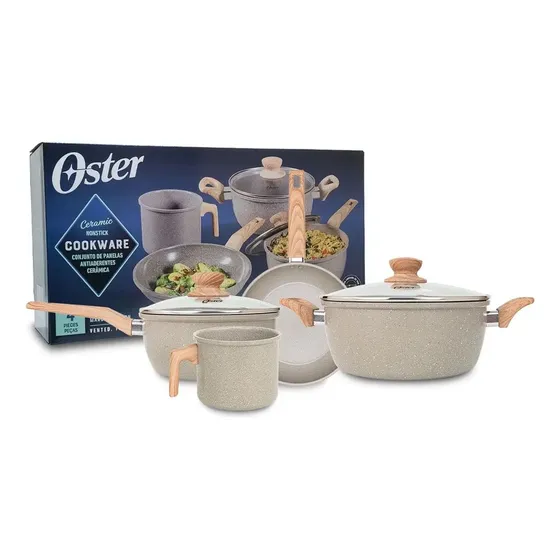 Jogo de Panelas Oster Marble Edition com 4 Peças Antiaderentes, de Cerâmica e Indução - Cor Cinza Dust
