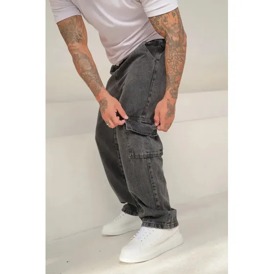Calça Cargo Jeans Skate Cintura Elástico Street Tendência