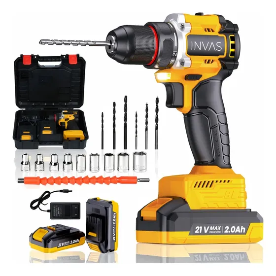 Parafusadeira Furadeira Impacto Inova Sem Fio 21v 2 Bateria 1500rpm 2 Níveis Velocidade Kit Chave Completo Com Maleta brocas chaves,para paredes pisos tábuas de madeira amarelo