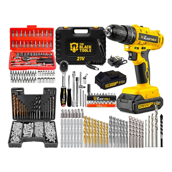 Furadeira Parafusadeira 2 Bateria 21v 10mm + 349 Acessórios