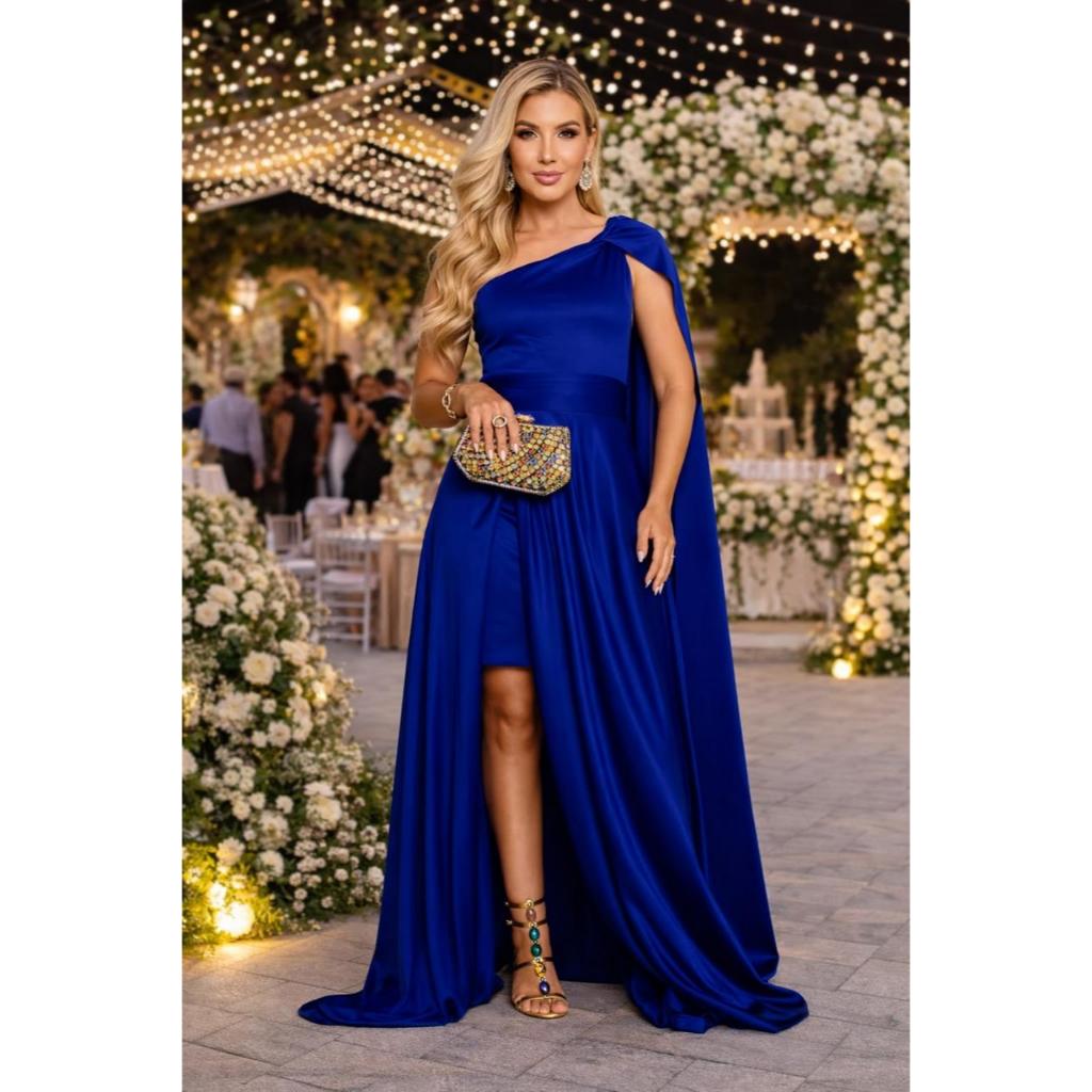 Vestido Longo Nula Manga Capas com Fenda na Lateral Festa Madrinhas Formaturas Casamento