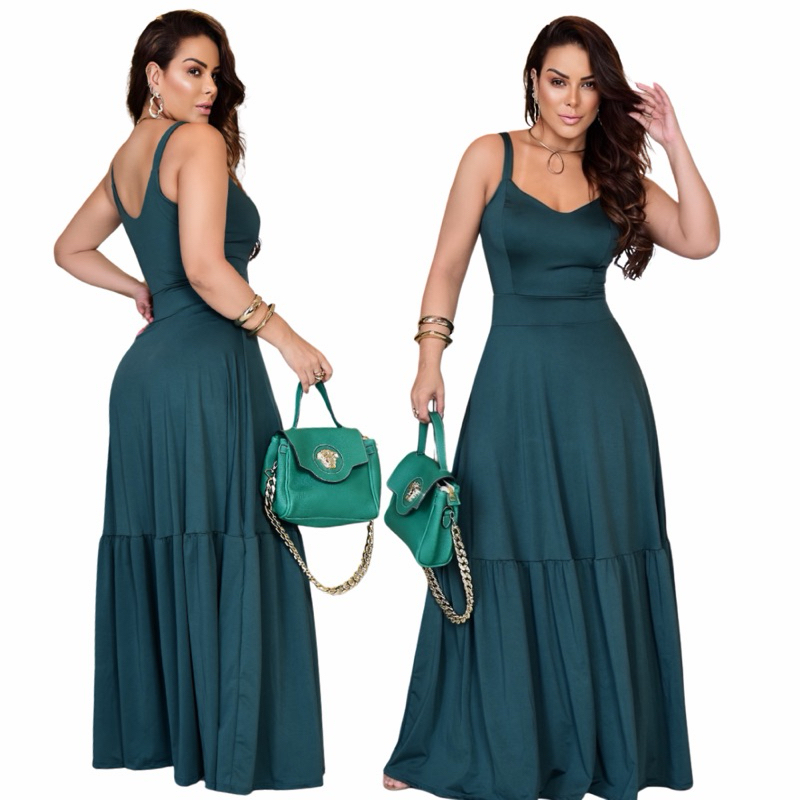 Vestido Longo Feminino Alça Casual Malha Romantic Liso Estilo e Conforto Moda Verão Chic