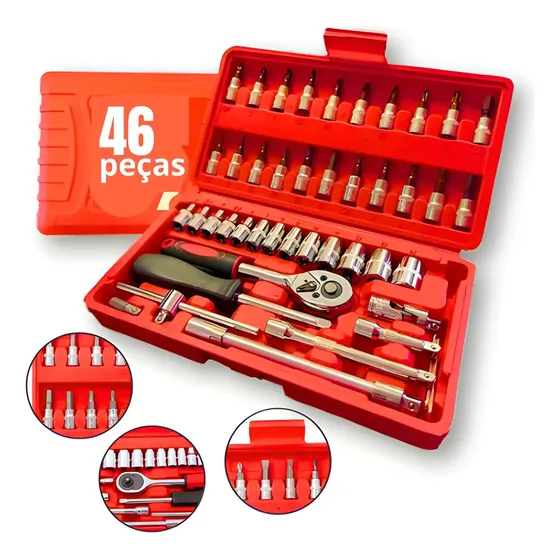 Kit Profissional 46 Peças Aço CRV Completo Com Maleta Soquete 1/4 Chave Catraca Para Carro Moto Casa