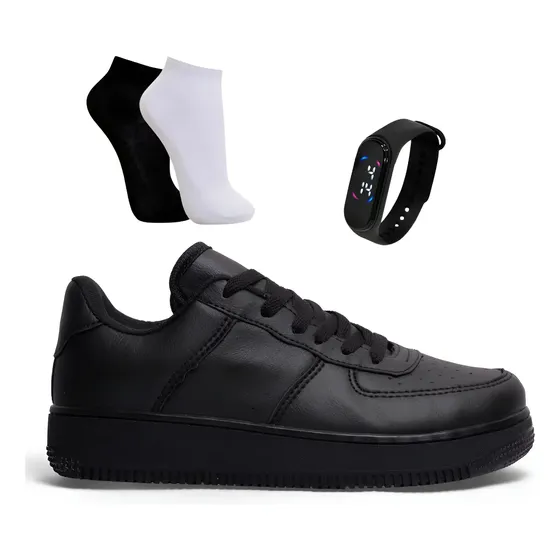 Kit Tênis Casual Clair Confortável Unissex + Relógio + Meia