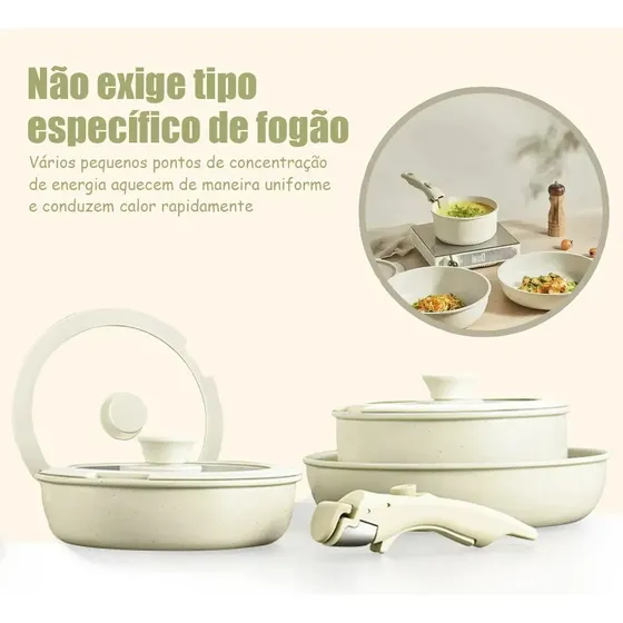 Conjunto de Panelas Antiaderentes com Alça Removível, 7 Peças para Indução