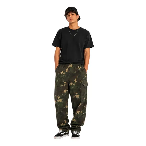 Calça Cargo Sarja Skate Casual Camuflado Elástico Na Cintura