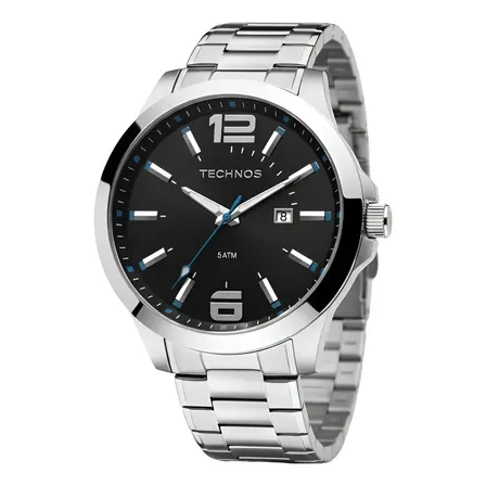 Relógio Masculino Technos de Aço Inoxidável Prata, 45mm, com Calendário