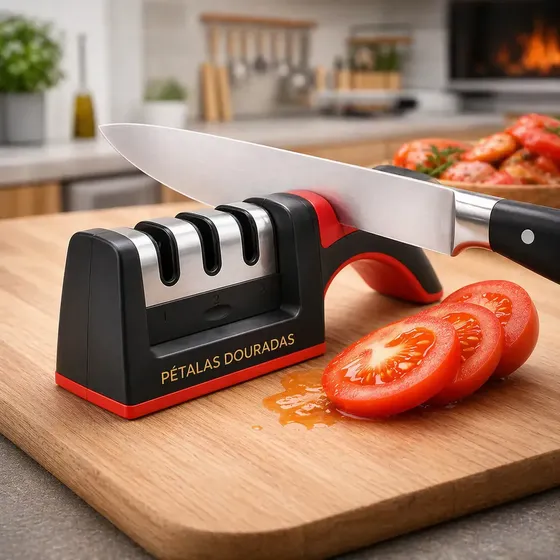 Afiador De Facas Profissional 3 Em 1 Manual Amolador De Facas E Tesouras Afia Amola E Alinha Lâminas Fácil Rápido Seguro Cozinha Churrasco Portátil Inox Pétalas Douradas Vermelho