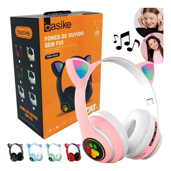 Fone Orelhas Gatinho Sem Fio Led Bluetooth Música Infantil Cor Rosa