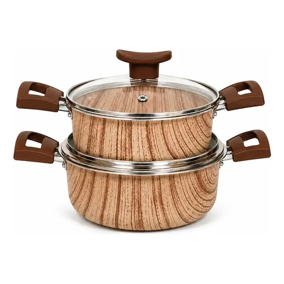 Kit 2 Caçarolas 16,18 Cm Antiaderente Teflon Marfim/madeira