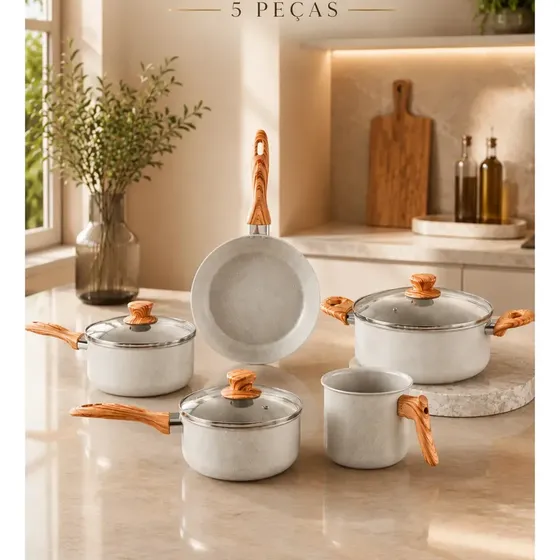 Jogo de Panelas Ceramica Antiaderente Brinox Easy Gris Ceramic Cinza Life Livre PFOA Kit 5 Peças Panela Caçarola Frigideira Não Gruda Tampa de Vidro Fácil de Limpar Alta Qualidade Premium
