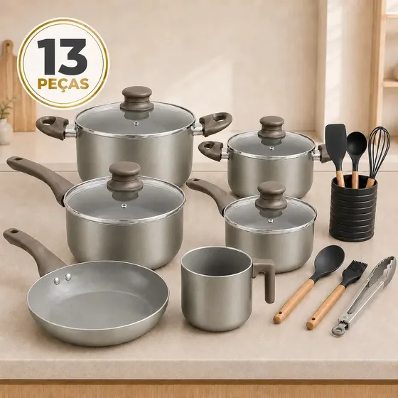 Jogo Kit 13 de Panelas Antiaderente Cerâmico Peças com Porta Utensílios de Silicone Ppg Pfoa Free Frigideira Leiteira Conjunto Cozinha