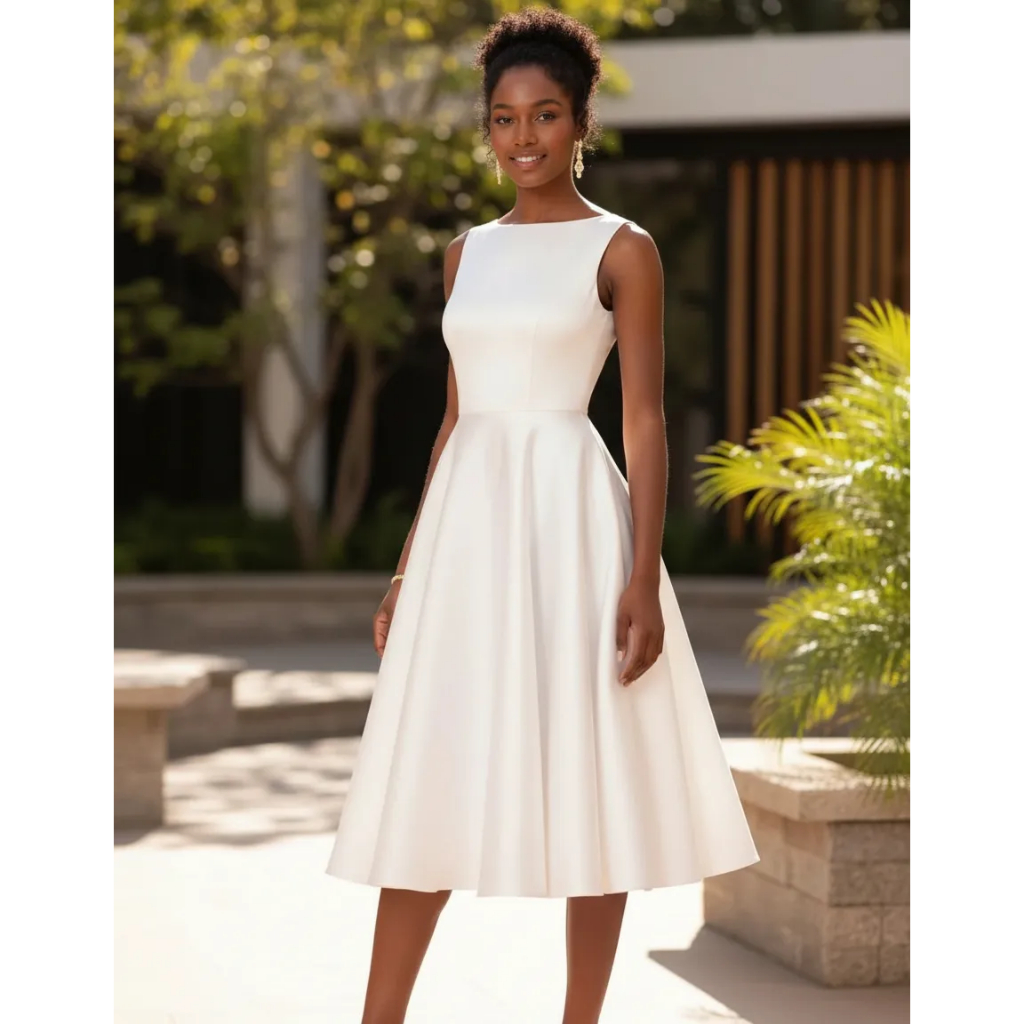 Vestido Casamento Civil Godê Elegante Minimalista Midi Festa